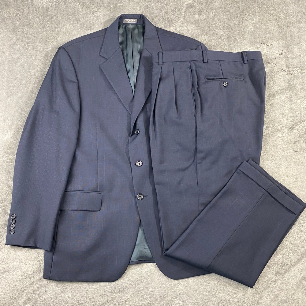 Loro Piana Suit Mens 42R 36 Navy Blue Wool Windowpane 3-Button Pleated Cuffed